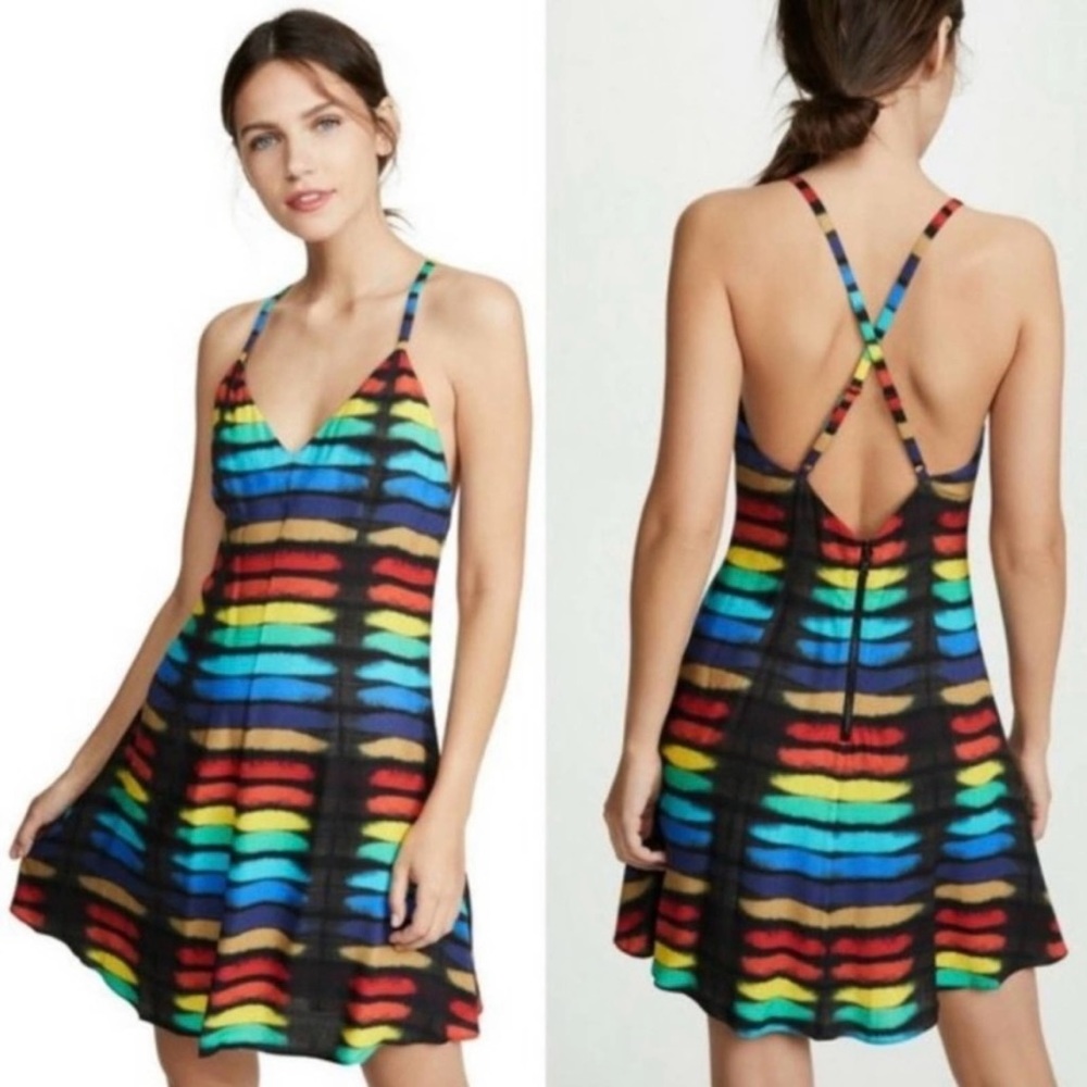 Alice + Olivia Alves Rainbow Tie-Dye Strap Mini Cross Back Dress Size 6 NWT NEW